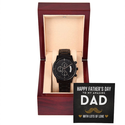 Happy Father's Day To "My Amazing Dad" Black Chronograph Watch with Moustache Design Message Card