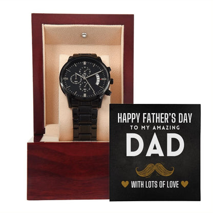 Happy Father's Day To "My Amazing Dad" Black Chronograph Watch with Moustache Design Message Card